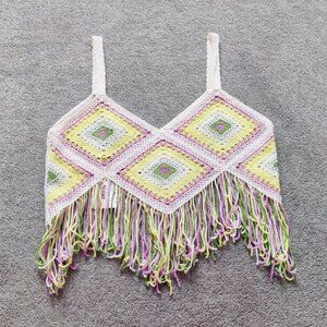 New In Women's Vibrant Crochet Fringe Crop Top NEW Size Medium Resortwear Beah